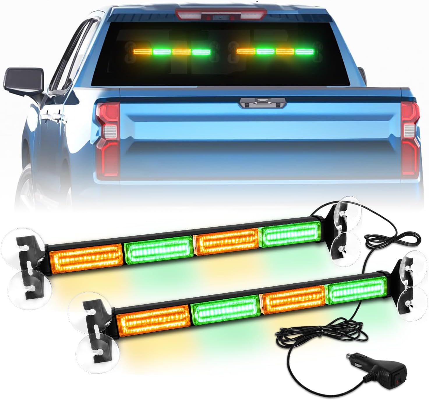 Emergency Dash Strobe Lights Warning Hazard Safety Front/Rear Interior Windshield Lights w/Suction Cups Deck Split Mount for Vehicles Trucks Volunteer Vehicles 2x17.7, Amber/Green