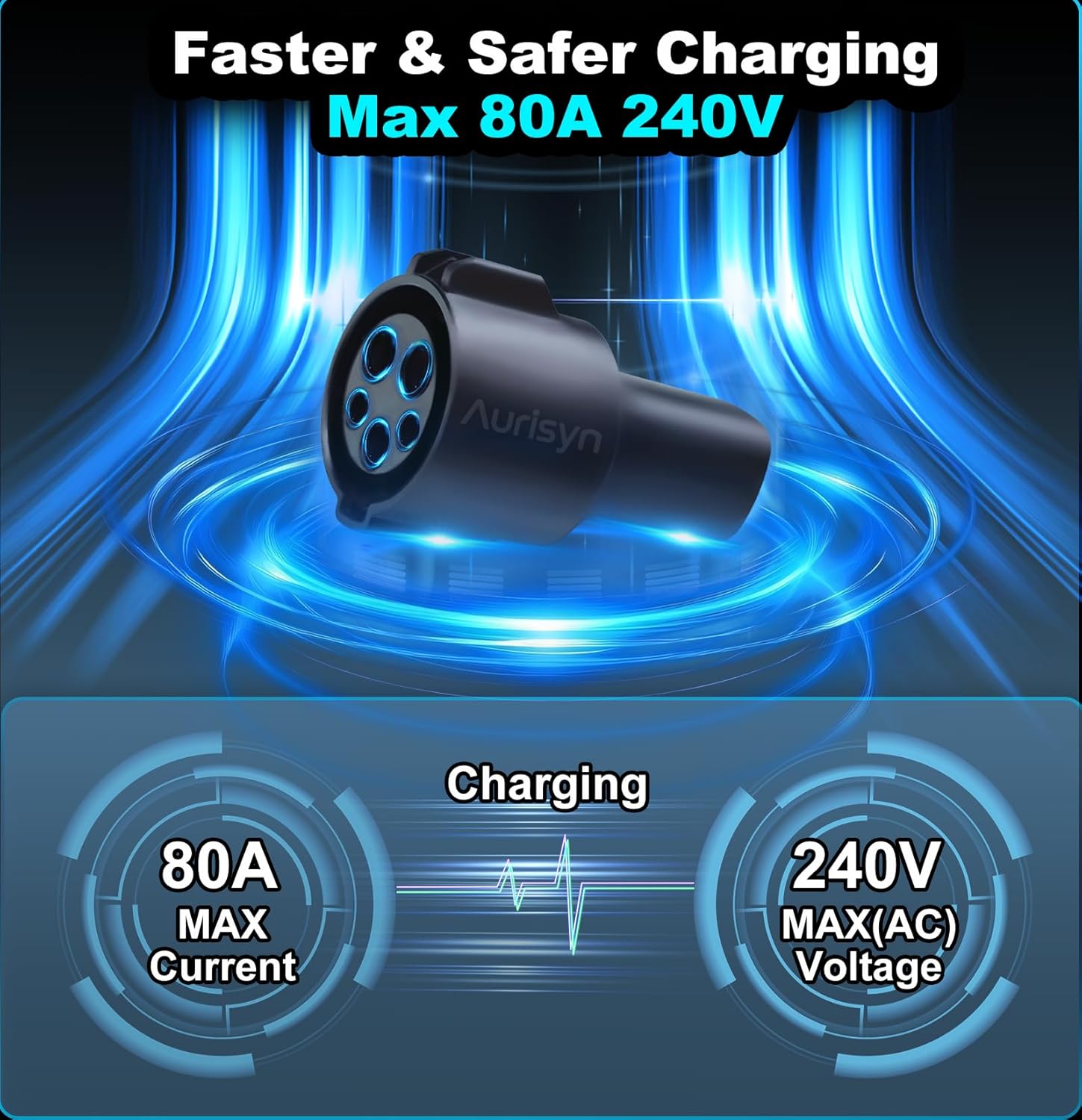 Aurisyn J1772 to Tesla Charger Adapter, SAE J1772 to NACS Adapter, Safety Charger Lock, Max 80A 240V Fast Charging Plug for Model 3/Y/X/S/Cybertruck, Compatible with Level 1 and Level 2 EV Chargers