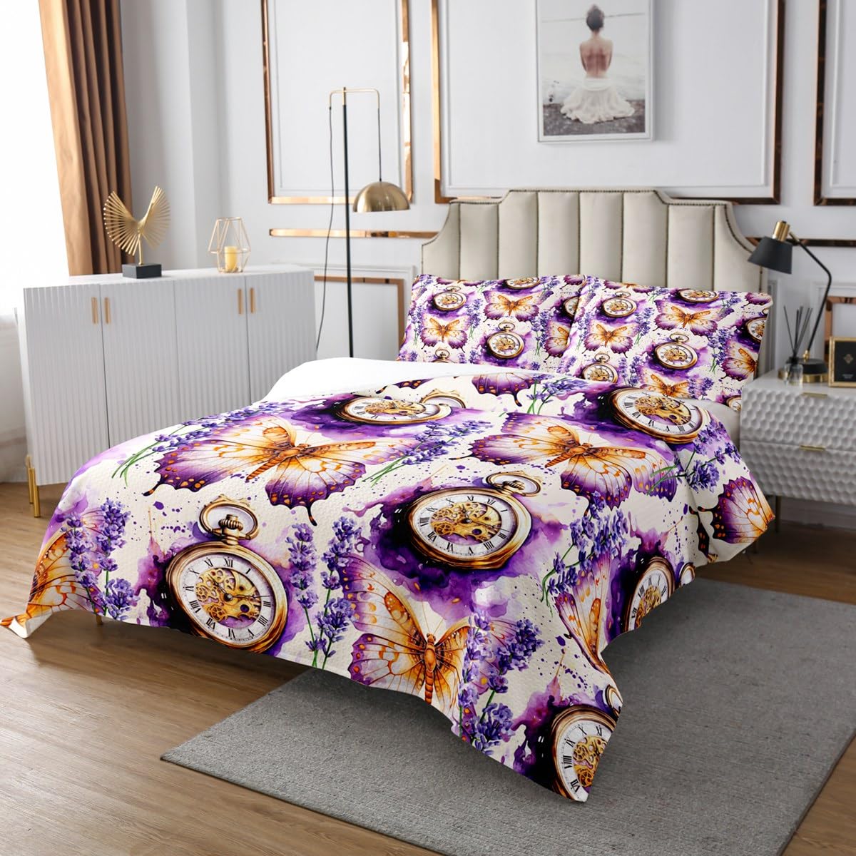 Butterfly Rustic Animal Coverlet Set Chic Lavender Romantic Floral Quilted Coverlet Clock Purple Tie Dye Comforter Set Bedspreads Quilt Set for Children Kids Coverlet Set,Twin Size 2 Pcs