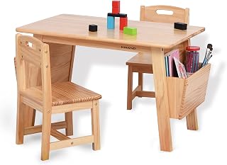 KRAND Kids Solid Wood Table & 2 Chairs Set with Storage - Natural Toddler Activity Desk for Ages 3-8