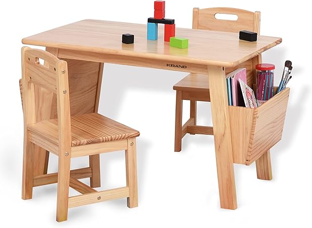 Amazon.com: KRAND Kids Solid Wood Table and 2 Chair Set with Storage ...