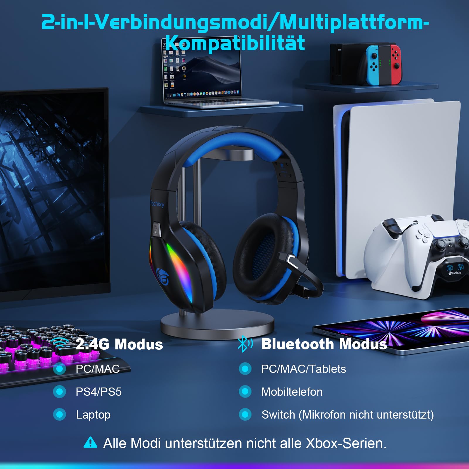 Fachixy「2025 Neu」FC100 Wireless Gaming Headset - 2.4GHz & Bluetooth Kopfhörer mit Mikrofon - 3D Stereo Sound & 40H+ Akkulaufzeit - Für PS4, PS5, PC, Mac, Tablets, Switch, Smartphones, schwarz-blau