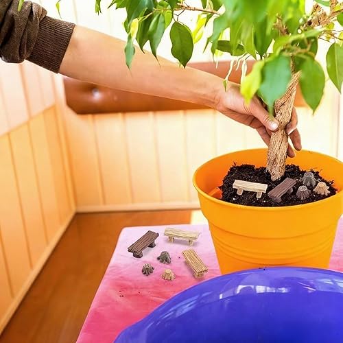 Miniatura 7 de Skylety 12 piezas de adornos de jardín en miniatura, incluye 6 bancos de estilo retro de madera, 6 tocones de raíz artificiales para terrarios de