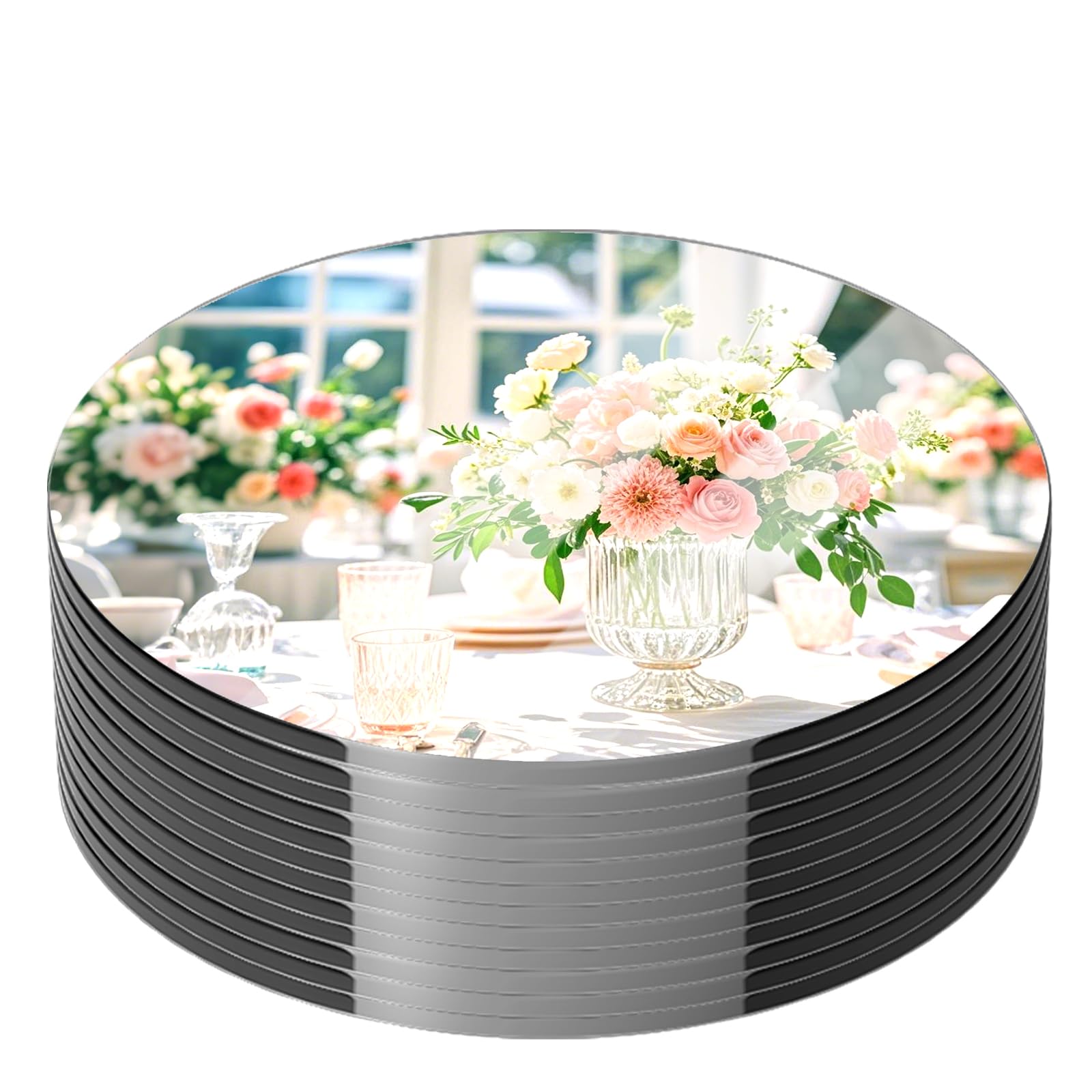 Ludeou Silver 10 Pack Round Mirror Centerpieces For Tables Decorations, 10" Acrylic Circle Mirror Centerpieces Mirror Tray Candle Plate Centerpiece For Wedding Table Decorations Wall Decor (Round, 10Inch)