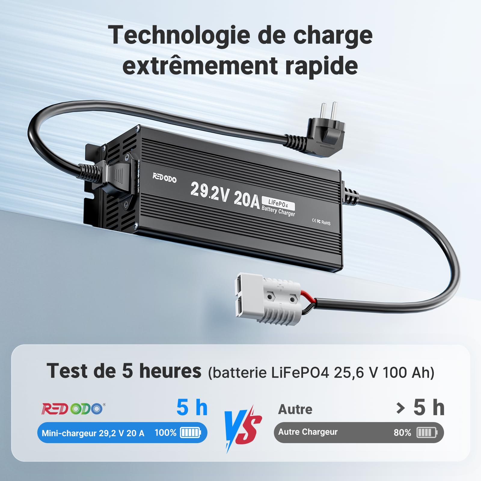 Redodo Chargeur de Batterie Lifepo4 pour Batterie Lithium Fer Phosphate, supporte la Charge Rapide (29,2V 20A)