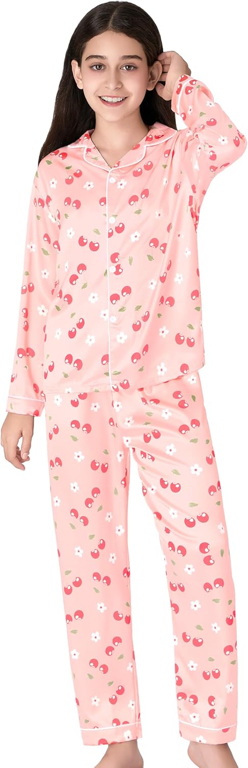 Beezizac Silky Satin Pajama Long Sleeves Set For Little & Big Girls Trendy Button 2-Piece Outfit Kid Sleepwear Size 6-16 - Image 3