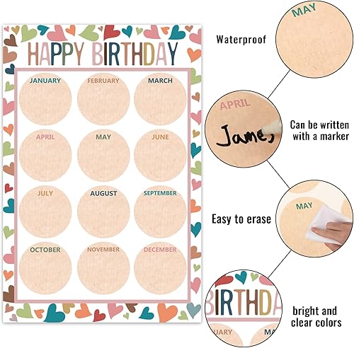 Miniatura 10 de Tabla de feliz cumpleaños para aula, 2 unidades, decoración de póster de cumpleaños de 17 x 12 pulgadas, recortes de calendario de cumpleaños de