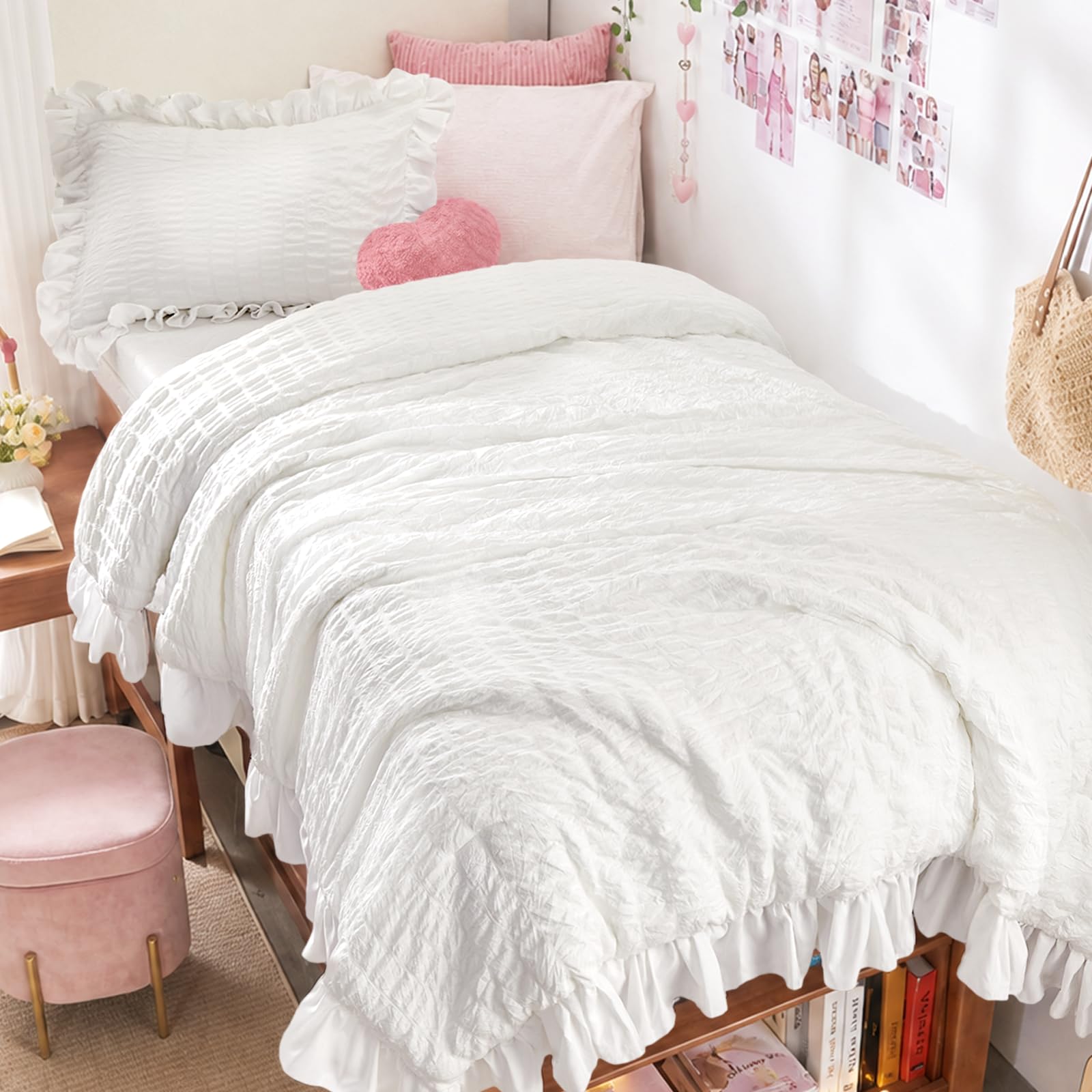 JOLLYVOGUE White Twin/Twin XL Comforter Set, 2 Pieces Seersucker Lightweight Fluffy Bedding Set, Twin Ruffle Comforter, All Season Soft Microfiber Shabby Chic Bed Set