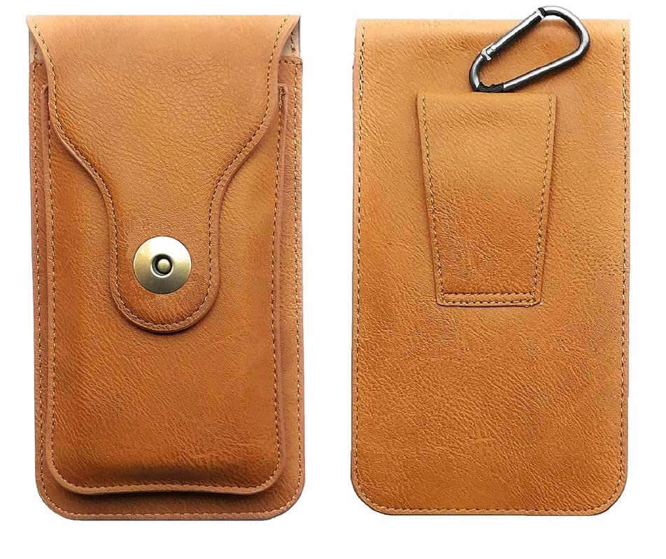 HITFIT Leather Holster Button Double Mobile Pouch Belt Clip Cases for ZTE Blade V9 Vita/ZTE Tempo Go/ZTE Nubia Red Magic 3 - Brown