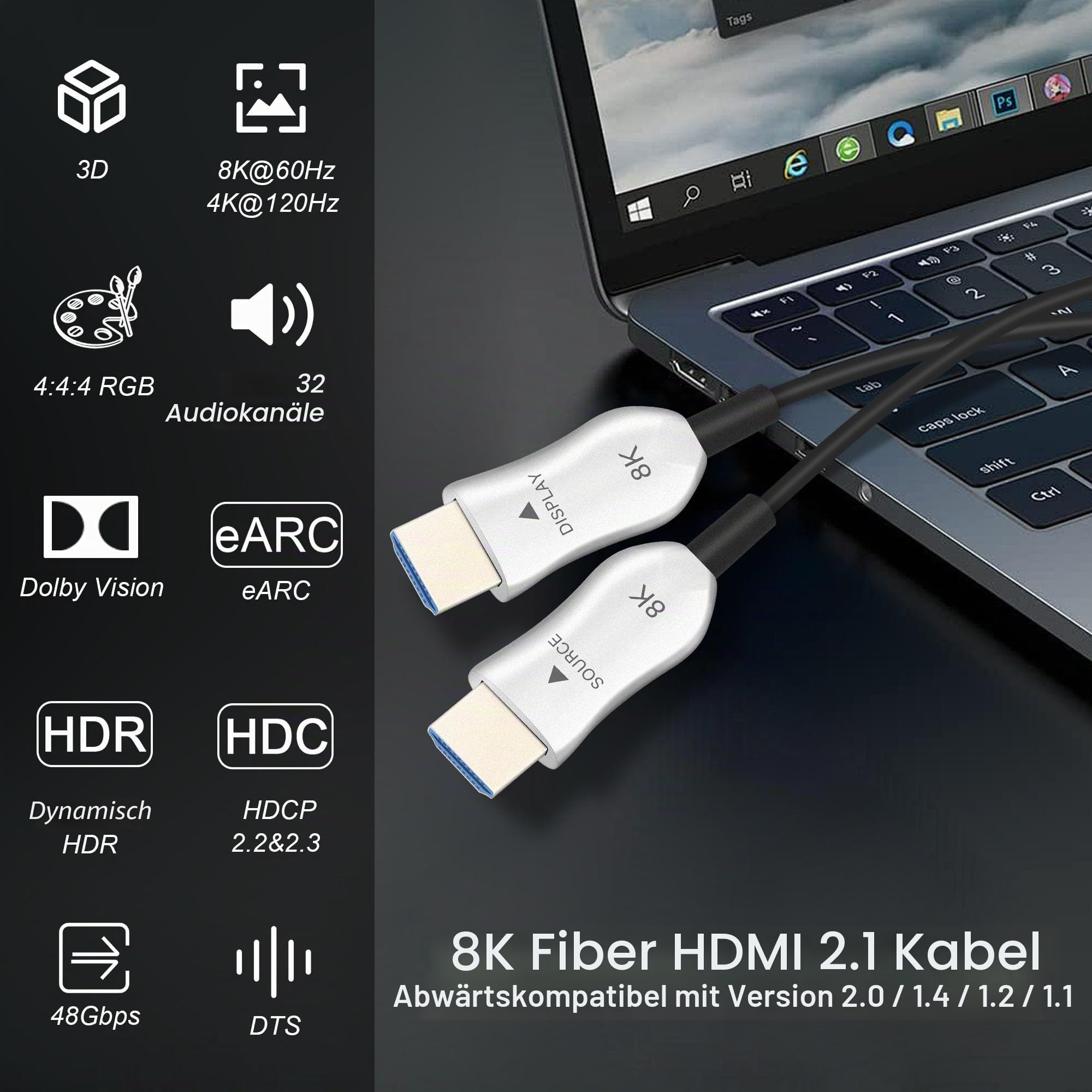 8K HDMI Kabel 15m Glasfaser, Lang HDMI 2.1 Kabel Aktives, Ultra High Speed HDMI Glasfaserkabel, 48Gbps, 8K@60Hz 4K@120Hz, Dynamic HDR, eARC, HDCP 2.2&2.3, 3D, für HDTV, Monitor, Laptop, Heimkino
