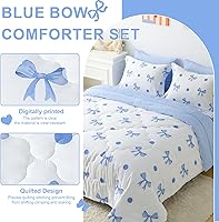 Vista 2 de Wajade Juego de edredón de 7 piezas con lazo azul para niñas, juego de ropa de cama tamaño individual con sábana y 2 fundas de almohada, 2 fundas