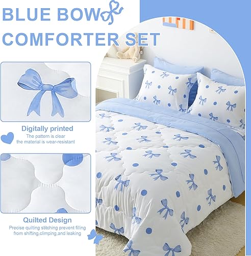 Miniatura 3 de Wajade Juego de edredón de 7 piezas con lazo azul para niñas y niños, juego de ropa de cama tamaño individual con sábana y 2 fundas de almohada, 2