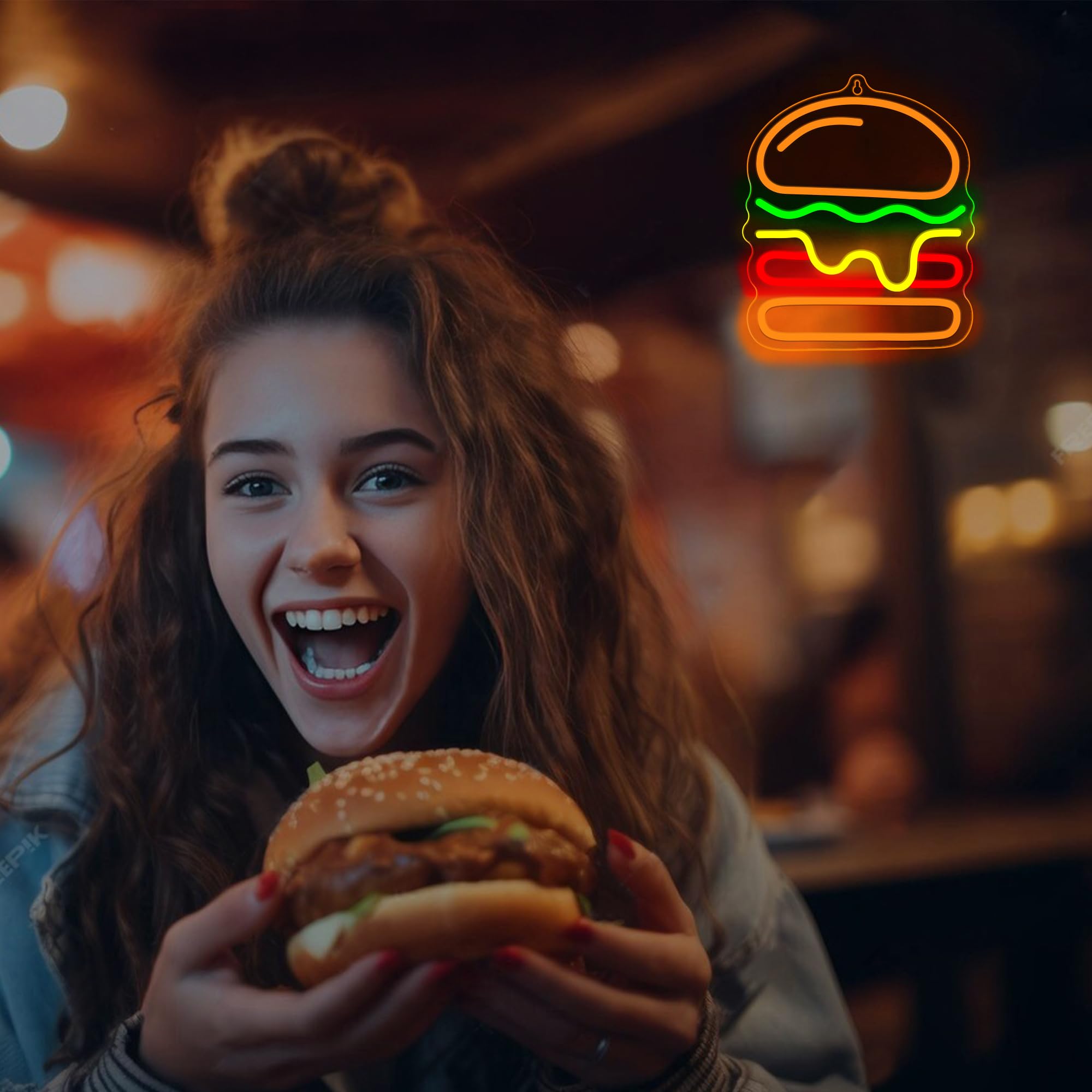 Attivolife Panneau néon hamburger pour décoration murale, lampe lumineuse de délicieux aliments avec alimentation USB faible, décoration unique pour magasin de restauration rapide, restaurant, Noël