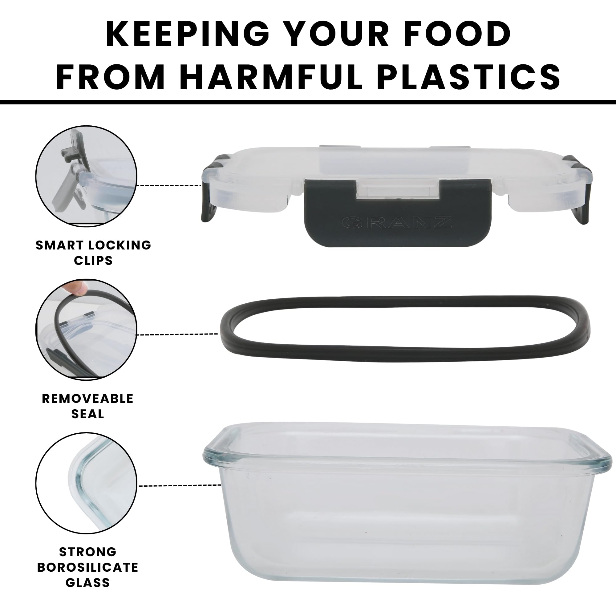 GRANZ Contenitori per alimenti in vetro, confezione da 8, senza BPA, con coperchio ermetico a scatto, a prova di perdite, impilabili, ecologici, riutilizzabili, per microonde e lavastoviglie