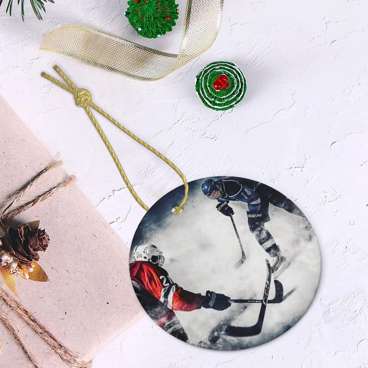 Ice Hockey Art Christmas Ornament Round Ceramic Hanging Ornaments for Christmas Tree Holidays Ornaments with Gold Rope Hanging Porcelain Pendants for Party Xmas Decoration