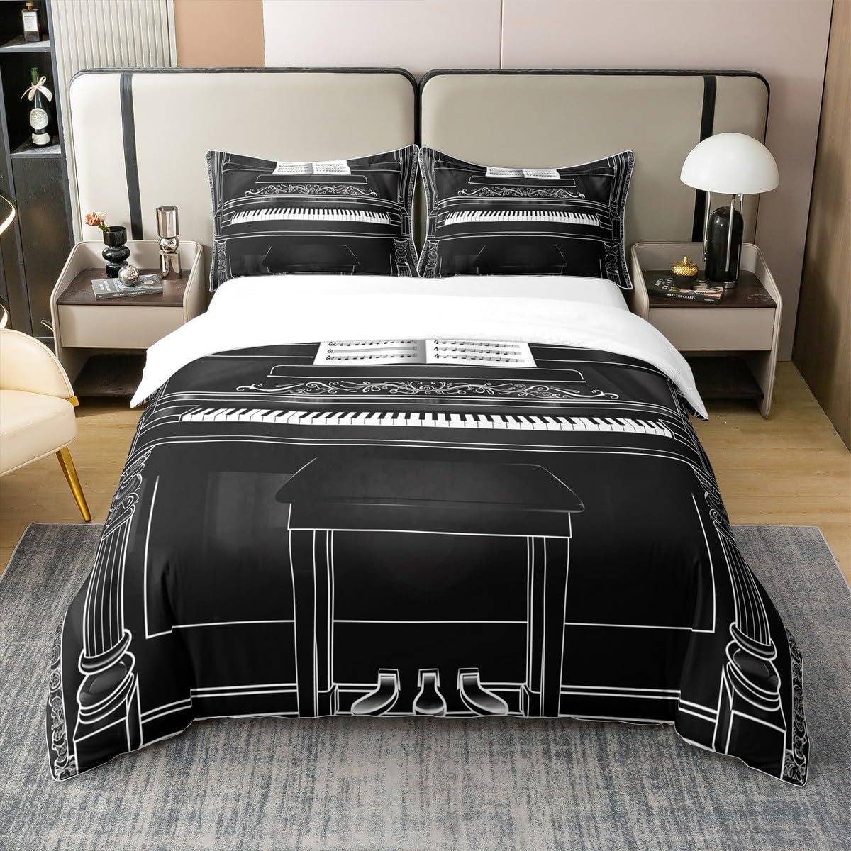 Parure de lit musique 100% coton noir et blanc pour lit taille S