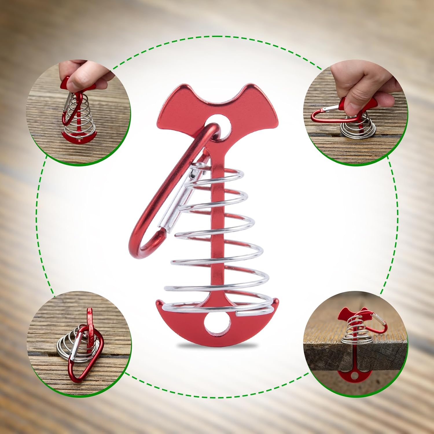CHANGE MOORE Aluminum Deck Tie Down Spring Windproof Tent Stakes, Camping Outdoor Fishbone Tent Anchors Tent Rope Red Deck Anchor Pegs with Red Carabiners (7Pcs)