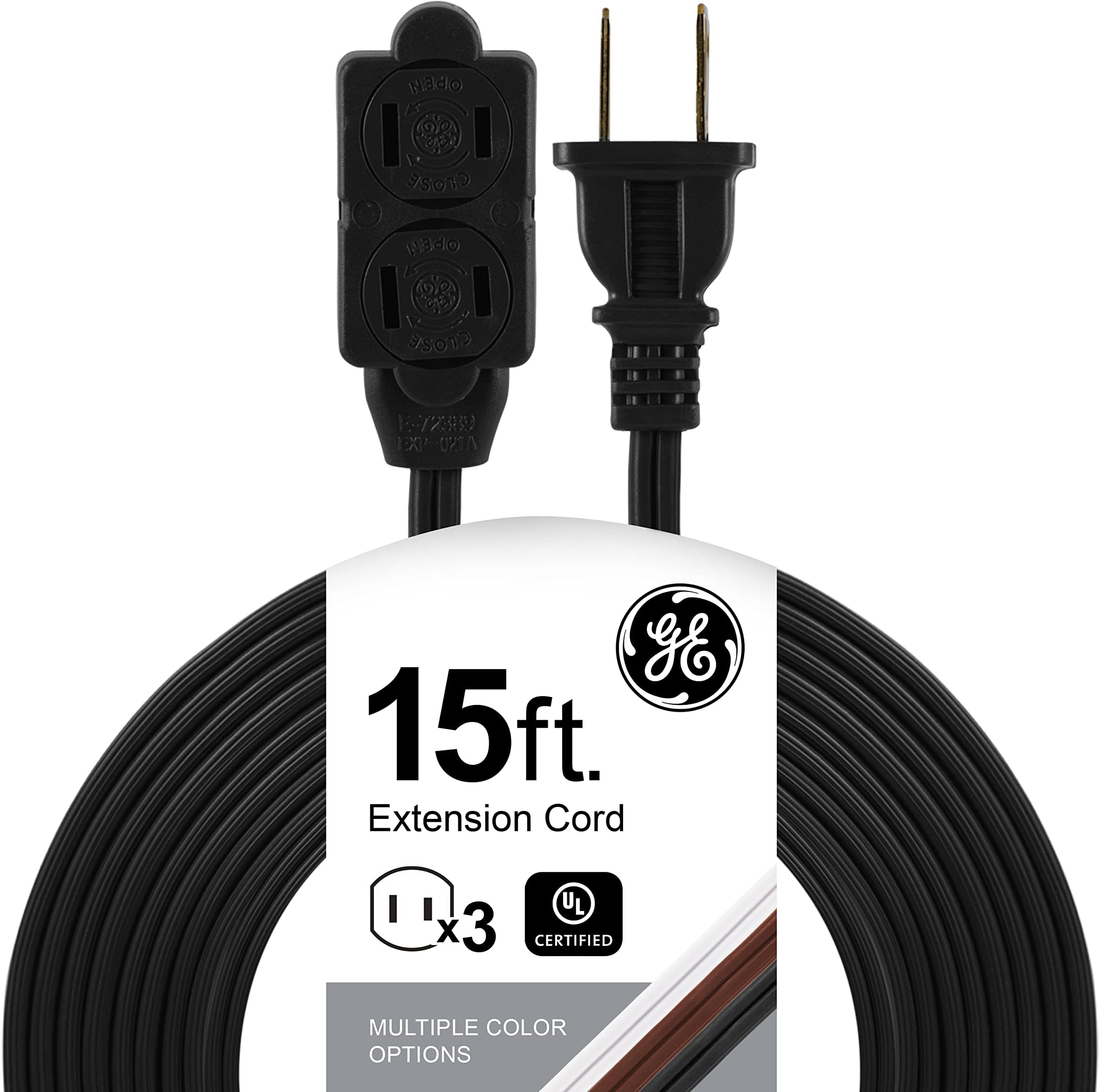 GE 15 Ft Extension Cord, 3 Outlet Power Strip, 2 Prong, 16 Gauge, Twist-to-Close Safety Outlet Covers, Indoor Rated, Perfect for Home, Office or Kitchen, UL Listed, Black, 45154