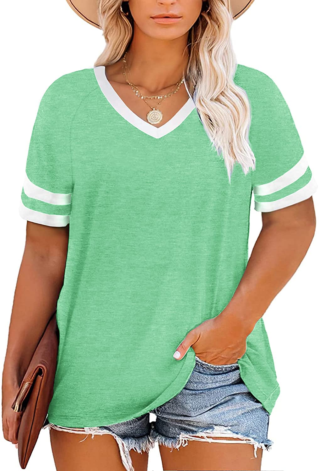 Photo 1 of Haloumoning Plus Size Tops for Women Short Sleeve T Shirts Casual V Neck Raglan Tunic Tees 4X-Large A-green