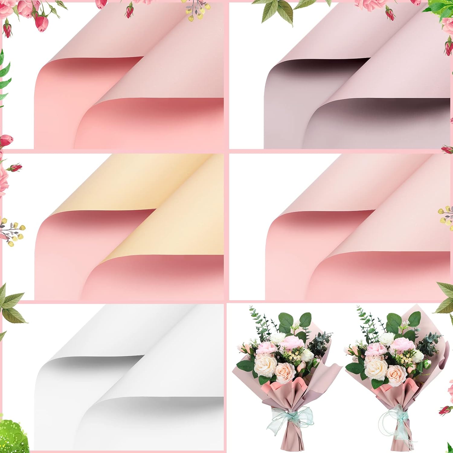 Fainne 100 Sheets Flower Wrapping Paper for Mother's Day Floral Bouquets Gifts Wrapping Waterproof Double Sided Color Paper Florist Craft Supplies, 5 Styles