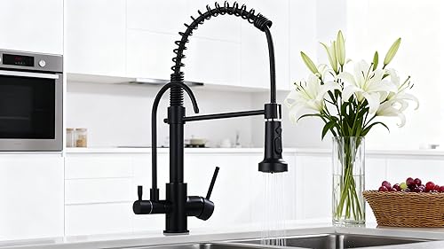 Miniatura 7 de Grifo de cocina negro de resorte 3 en 1, rociador extraíble de un solo orificio de arco alto, grifo de fregadero de cocina, sistema RO grifo de