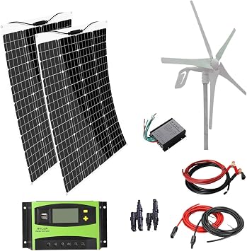 Flexible Solar Panel 240W 12V Monocrystalline Solar System kit with 20A Charge Controller 12V 400W Wind Turbine Generator for RV, Boat, Cabin, Tent, Car, Trucks, Trailers