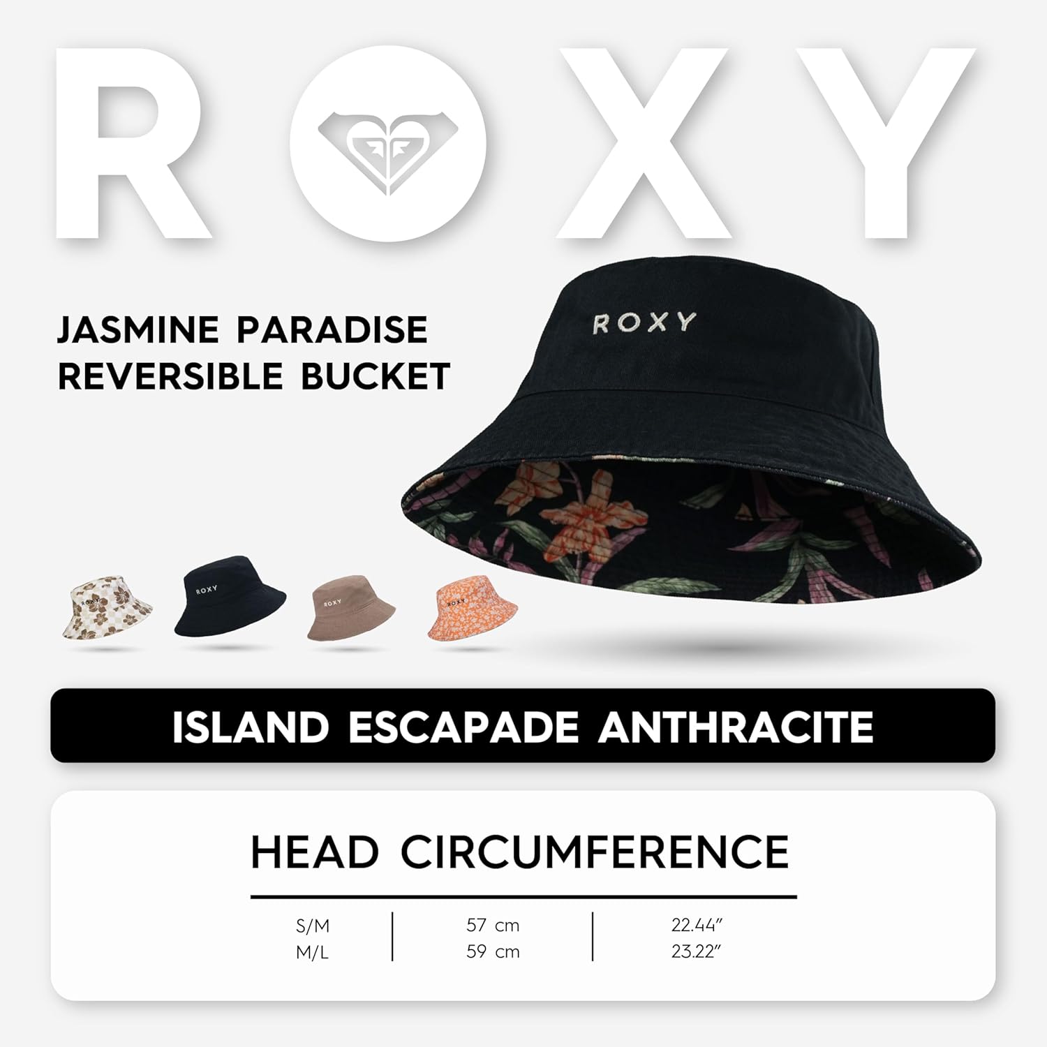 Roxy Women's Jasmine Paradise Reversible Bucket Hat – 100% Cotton, Lightweight & Packable Hat for Beach or Festival