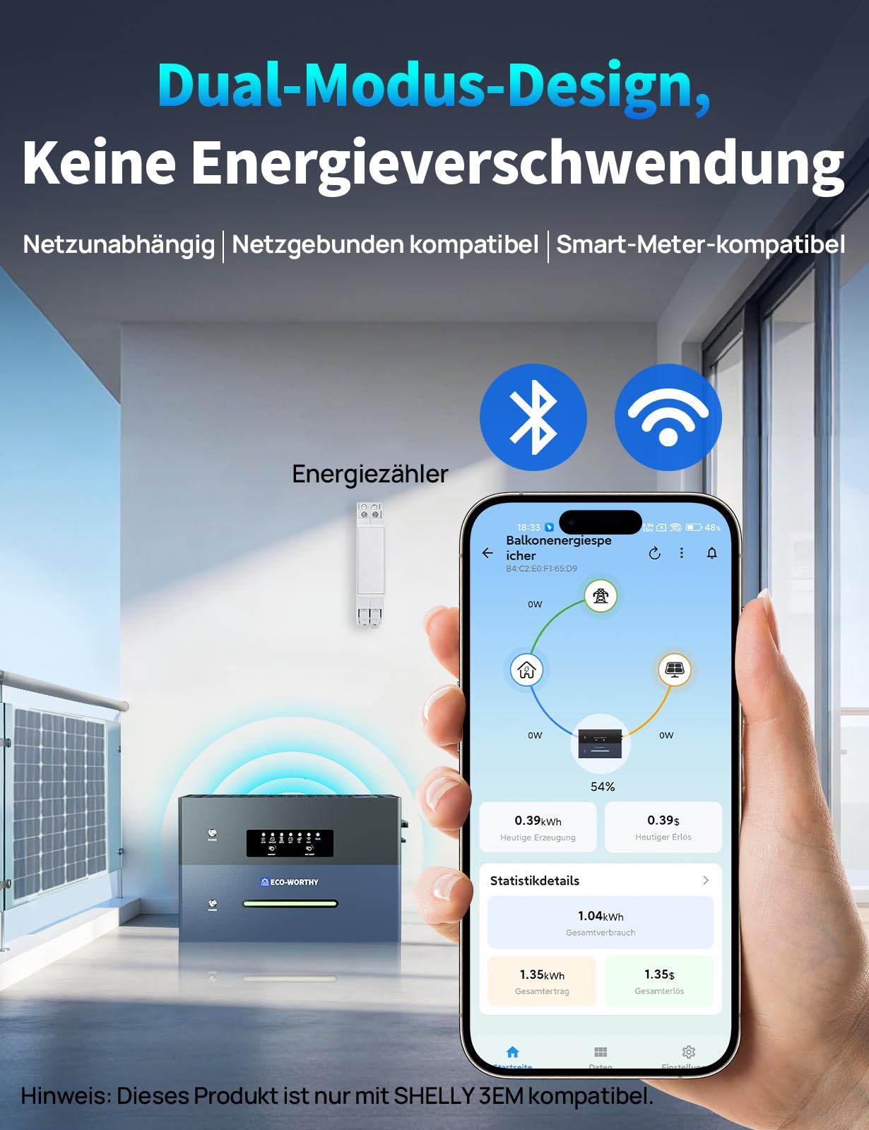 ECO-WORTHY ECOVIS 2400 2560 Wh balkonowa elektrownia pamięć 2400 W (2 MPPT), wejście solarne do 15,36 kWh, możliwość rozszerzenia pojemności, ładowanie 1600 W AC, wyjście 800 W, tryb podwójny