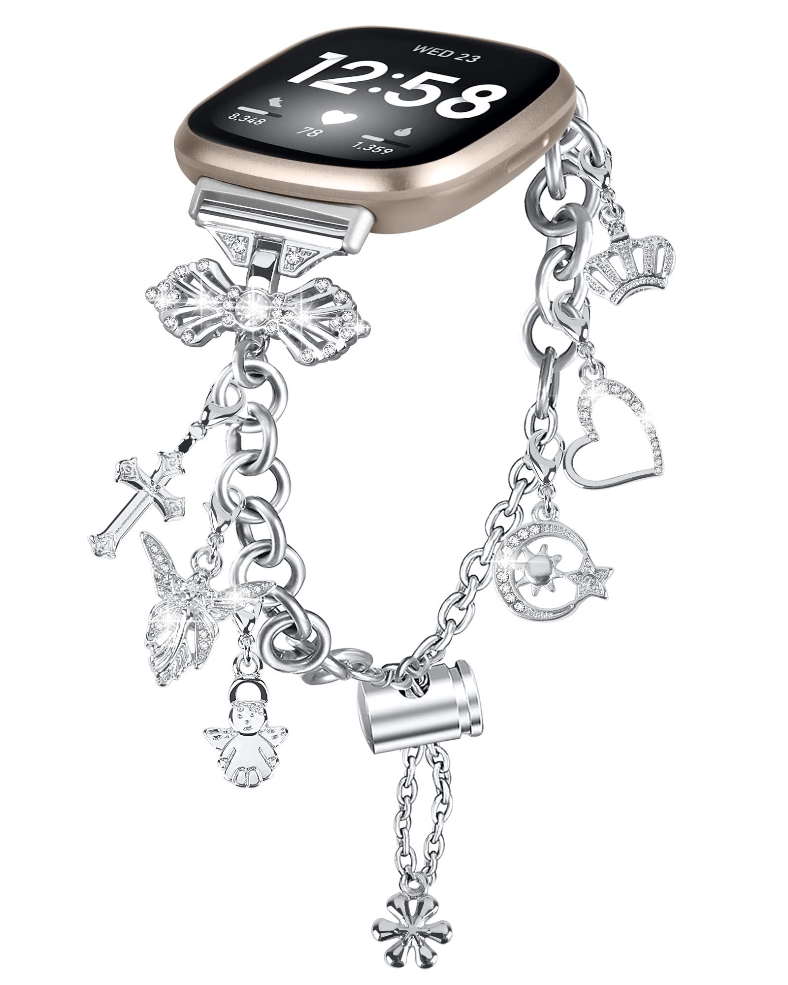 Gimuk Strap Compatible with Fitbit Versa 4/3, Women's Adjustable Stainless Steel Bling Diamonds Replacement Strap, Silver