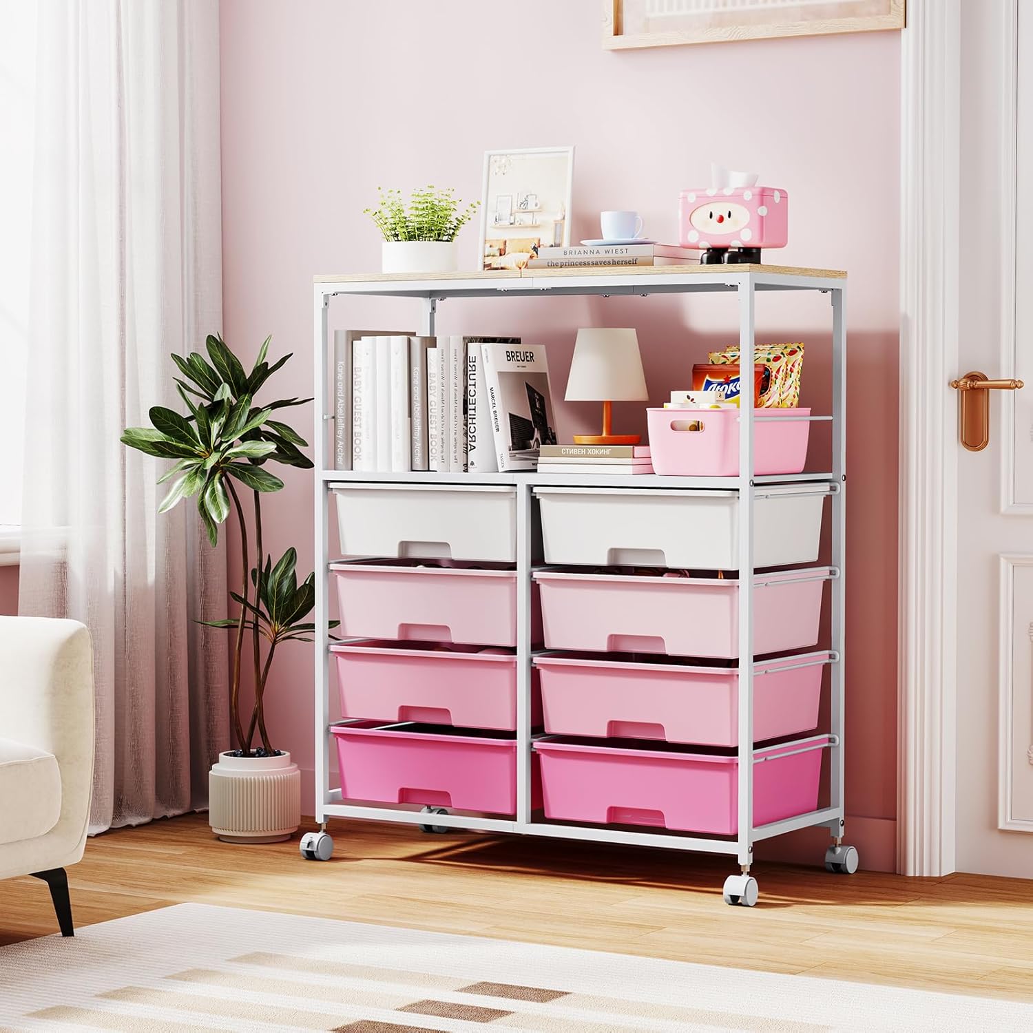 8 drawers rolling storage cart with wooden top, multipurpose utility cart with opening shelf & lockable wheels, storage drawer cart organizer for home office craft room classroom, pink
