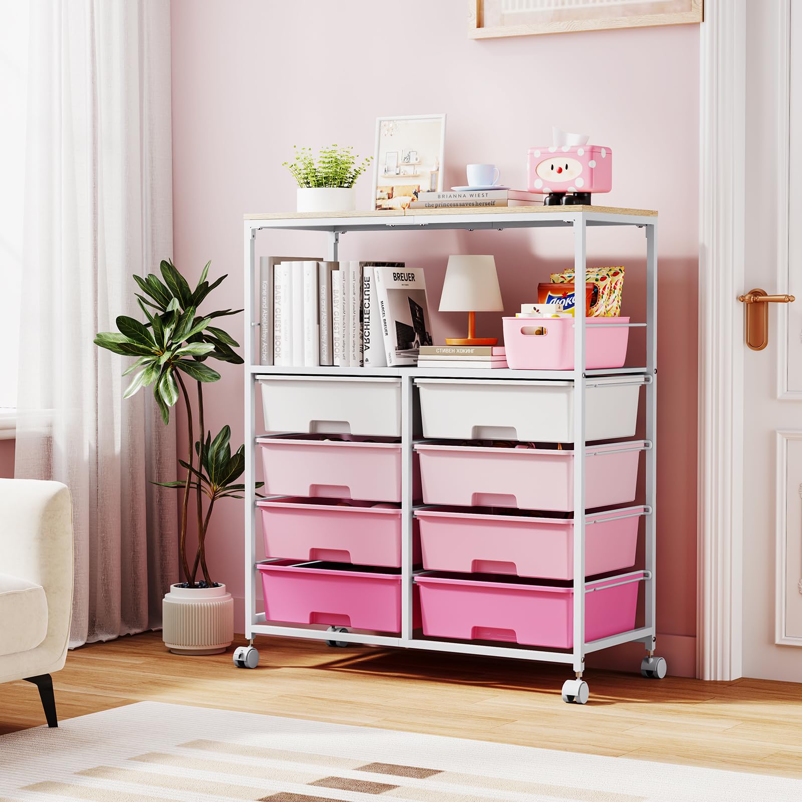 KINGRACK Rollwagen mit 8 Schubladen und Rollen, mit Offenen Regalen und Feststellbaren Rädern – Ideal für Büros, Bastelräume oder Klassenzimmer (Rosa)