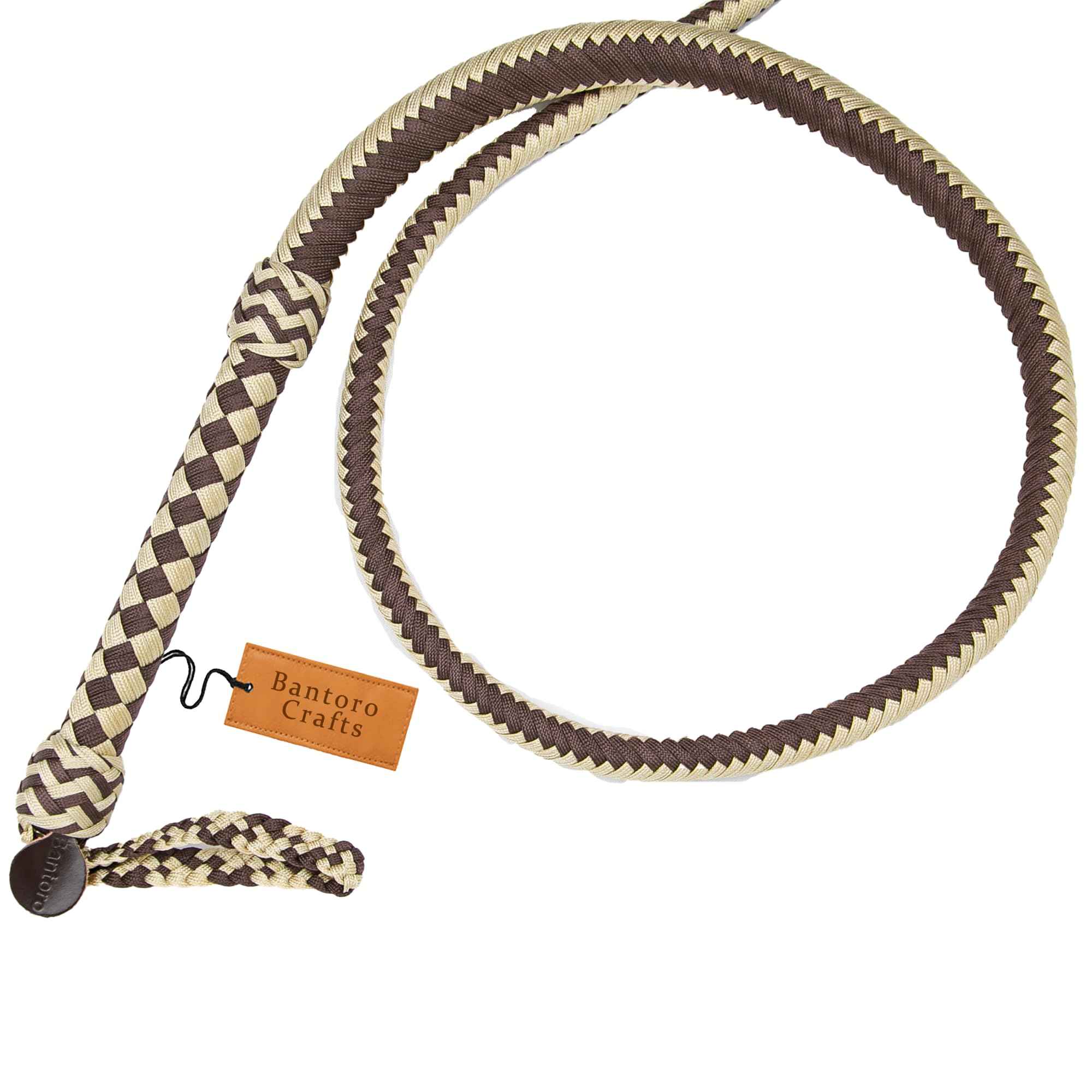 Braune und beige Paracord/Nylon-Peitsche, Bullenpeitsche, 16 Zöpfe, geflochtener Lederbauch und Lederpolster im Inneren, Laute knackende Peitsche