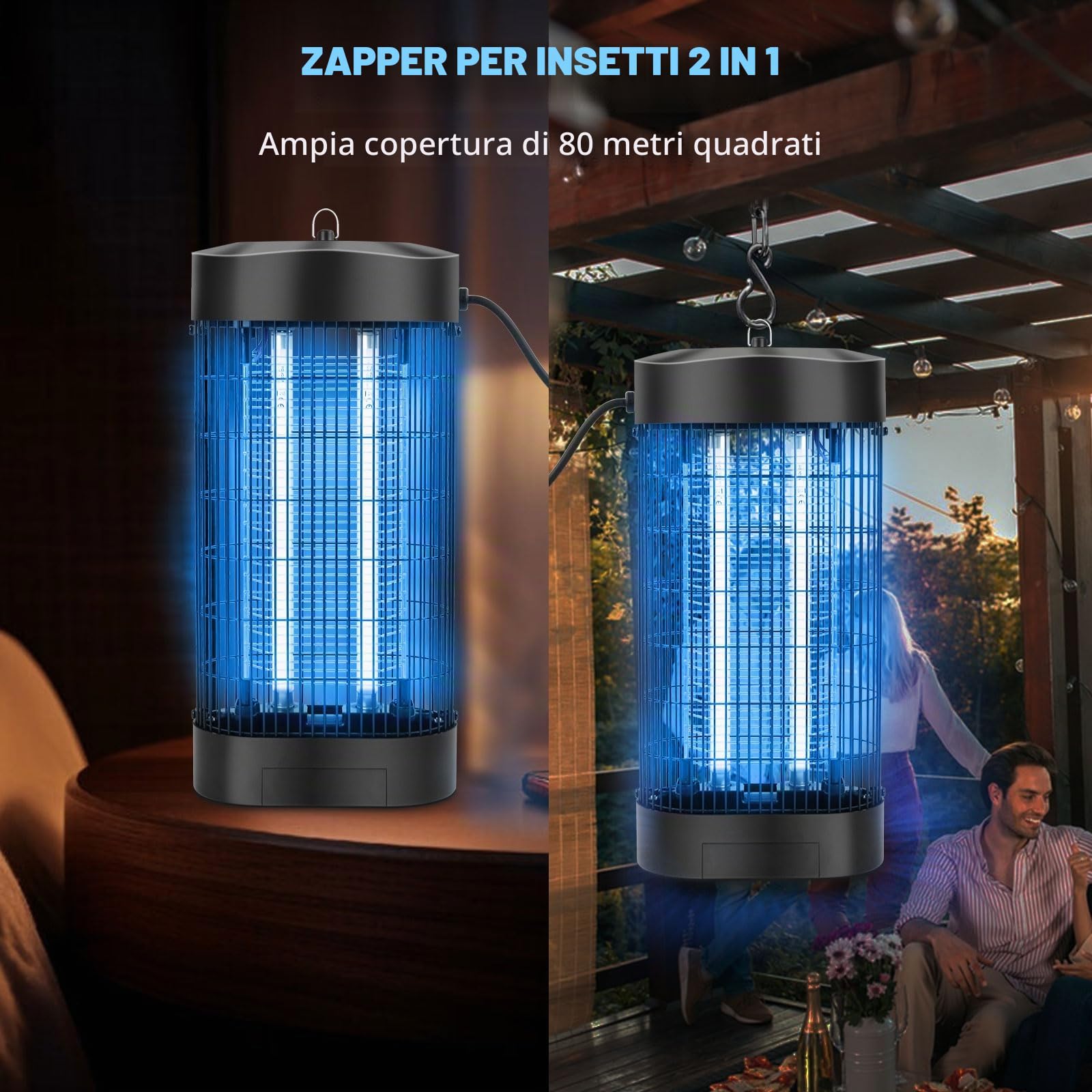 HKC Lampada Antizanzare Elettrica, Zanzariera Elettrica con 2 9W lampade UV Trappola, Lampada Zanzare con Gancio portatile, Superficie Effettiva 80m² Repellente per Zanzare Contro Tarme, Mosche