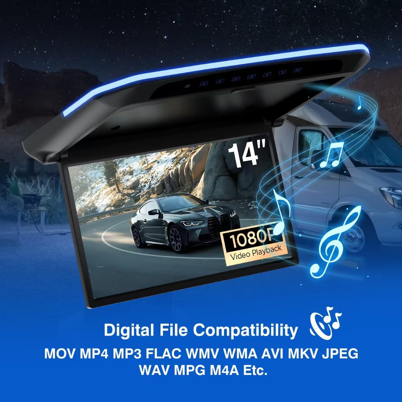 RicoRich 14 Inch Car Overhead Player, Wide HD Car Roof Mount Monitor Built-in Stereo Speakers, Overhead Flip Down Car Monitor Support HDMI USB Input