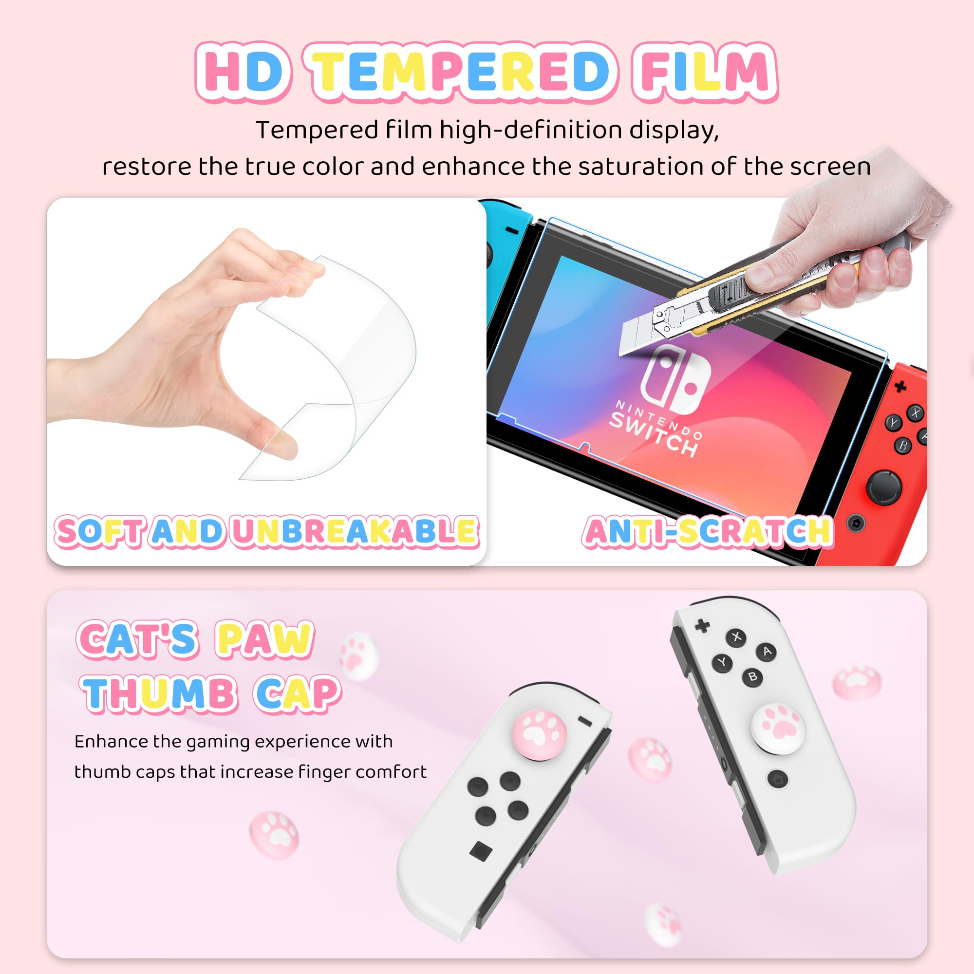 HYPERCASE Carino rosa NS (non OLED/Lite) Switch Case Kit di Principessa, con interruttore portatile Borsa da viaggio, TPU Softshell Switch Cover Skin, Screen Protector, Spallacci & 2 Kawaii Thump Caps