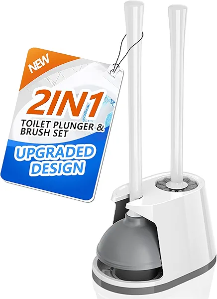 Toilet Plunger and Brush Set, Bowl Brush and Heavy Duty Toilet Plunger with Ventilated Holder, 2-in-1 Toilet Brush and Plunger Combo for 5.3-inch Toilet Drain Bathroom Deeply Cleaning(White & Grey)