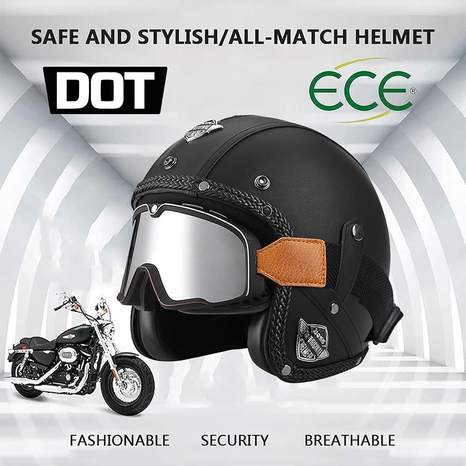 Motorcycle Helmet,DOT/ECE Approved Vintage Open Face Motorbike Helmet 3/4 Motorcycle with Goggles Vintage Jet-Helmet for Biker Scooter Touring Crash Helmet (A M=57~58CM) : Automotive