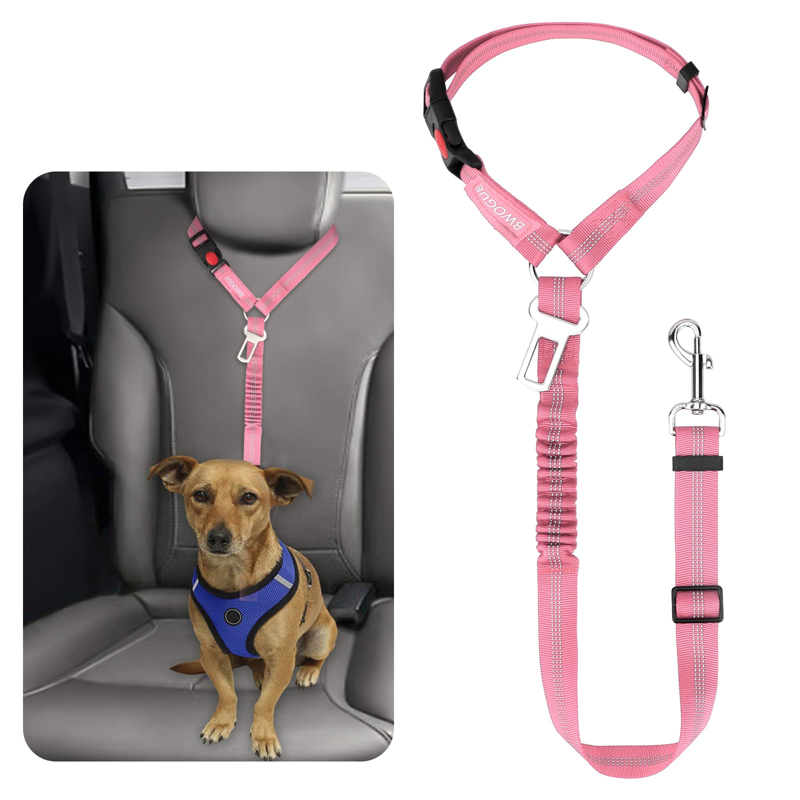 BWOGUE Pet Dog Cat Seat Belt Reflective Car Dog Headrest Restraint Leash Elastic Buffer Bungee Adjustable Tangle-Free Safety Leads Vehicle Seatbelt Harness for Small, Medium and Large Dogs (1 Pack)
