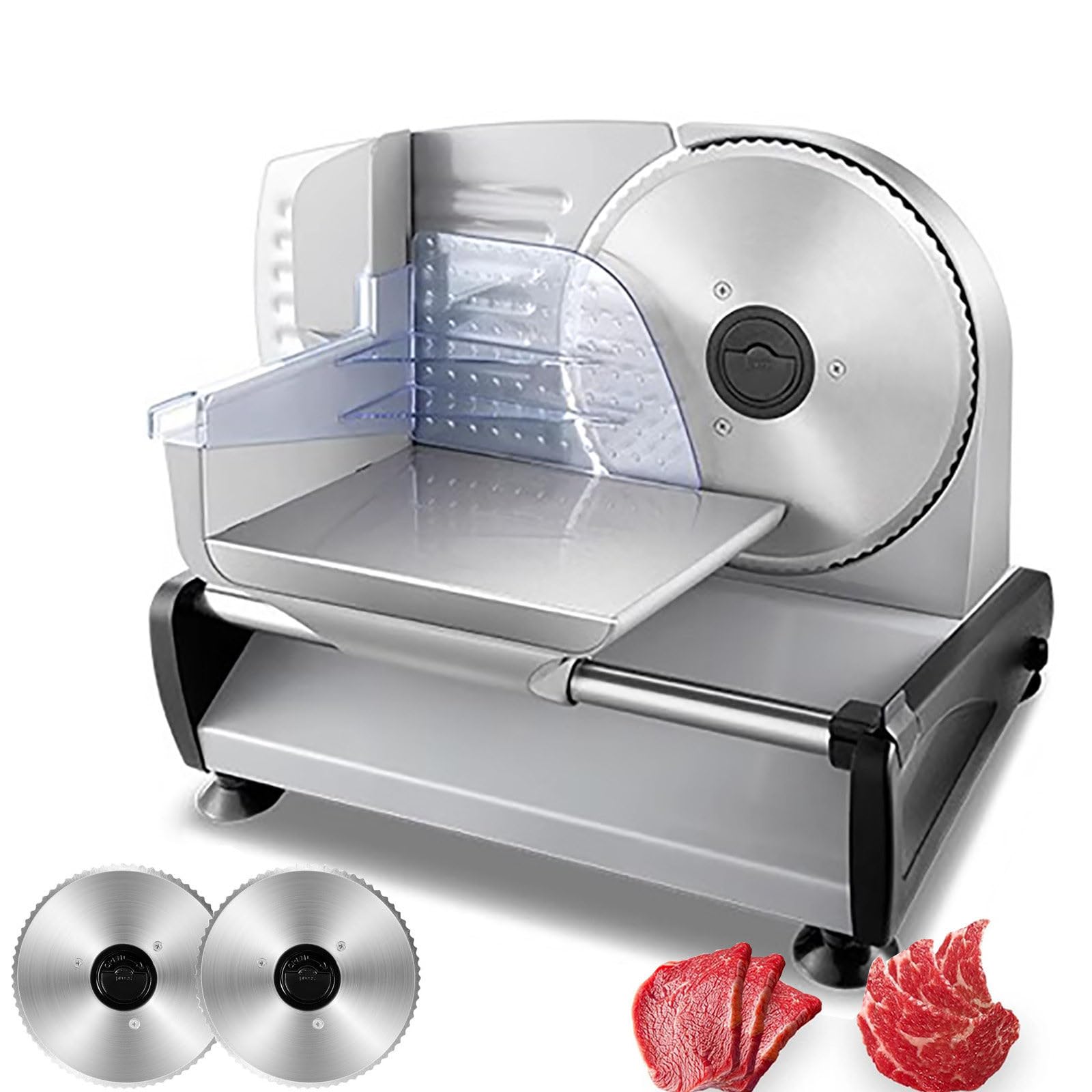 Rebanadora EléCtrica De 200W (Ajuste De Grosor De 0 A 15), Cortadora De Carne DoméStica, con 2 Cuchillas ExtraíBles De 190mm Y Bloqueo De Seguridad, para Carne, JamóN, Queso Y Pan. Silver