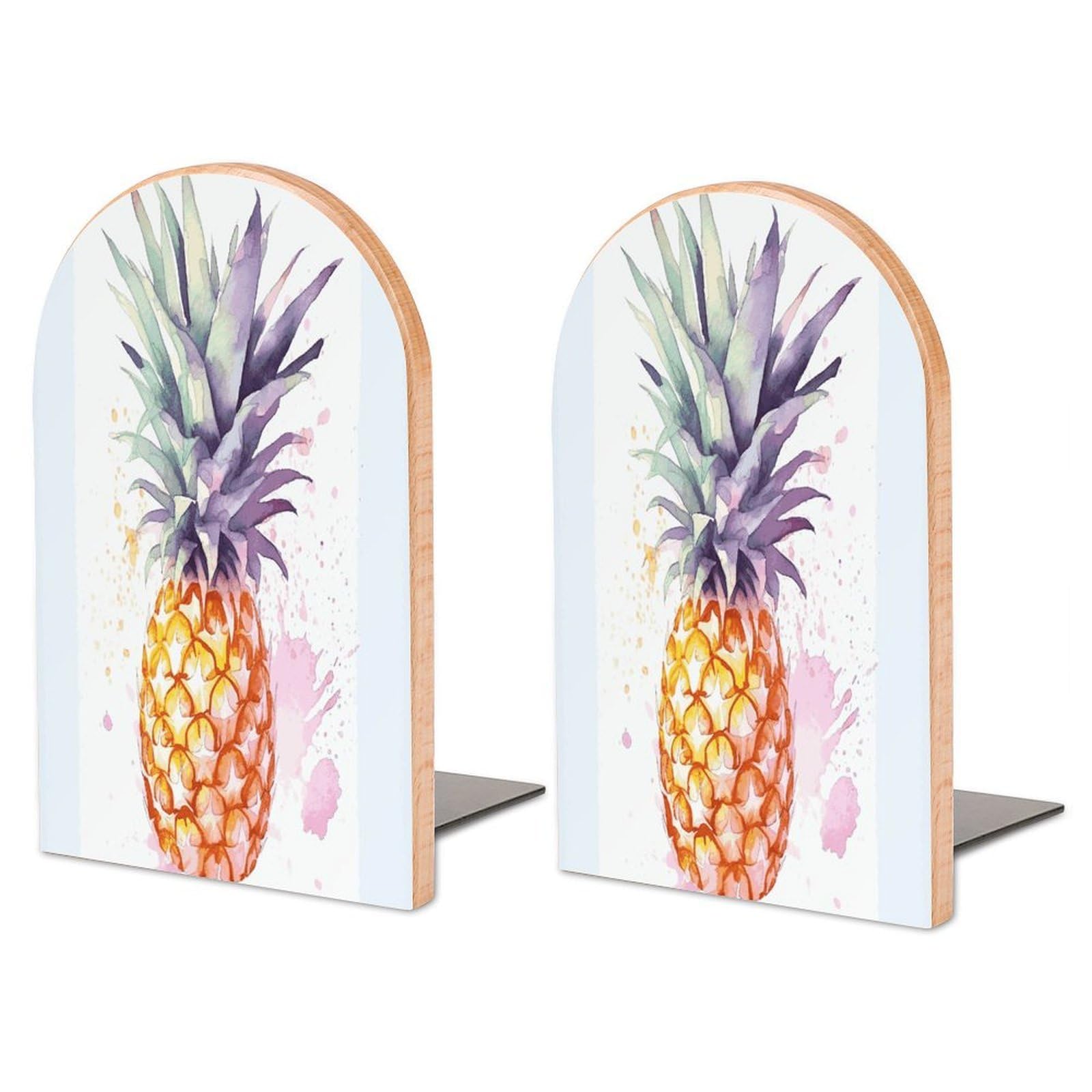 Pineapple Bookend for Shelves Non-Skid Book Holder Modern Heavy Duty Bookend Stopper Metal Base Wood Book End Books Shelf Holder Home Decorative 1pair 6.7x3.9x4.7