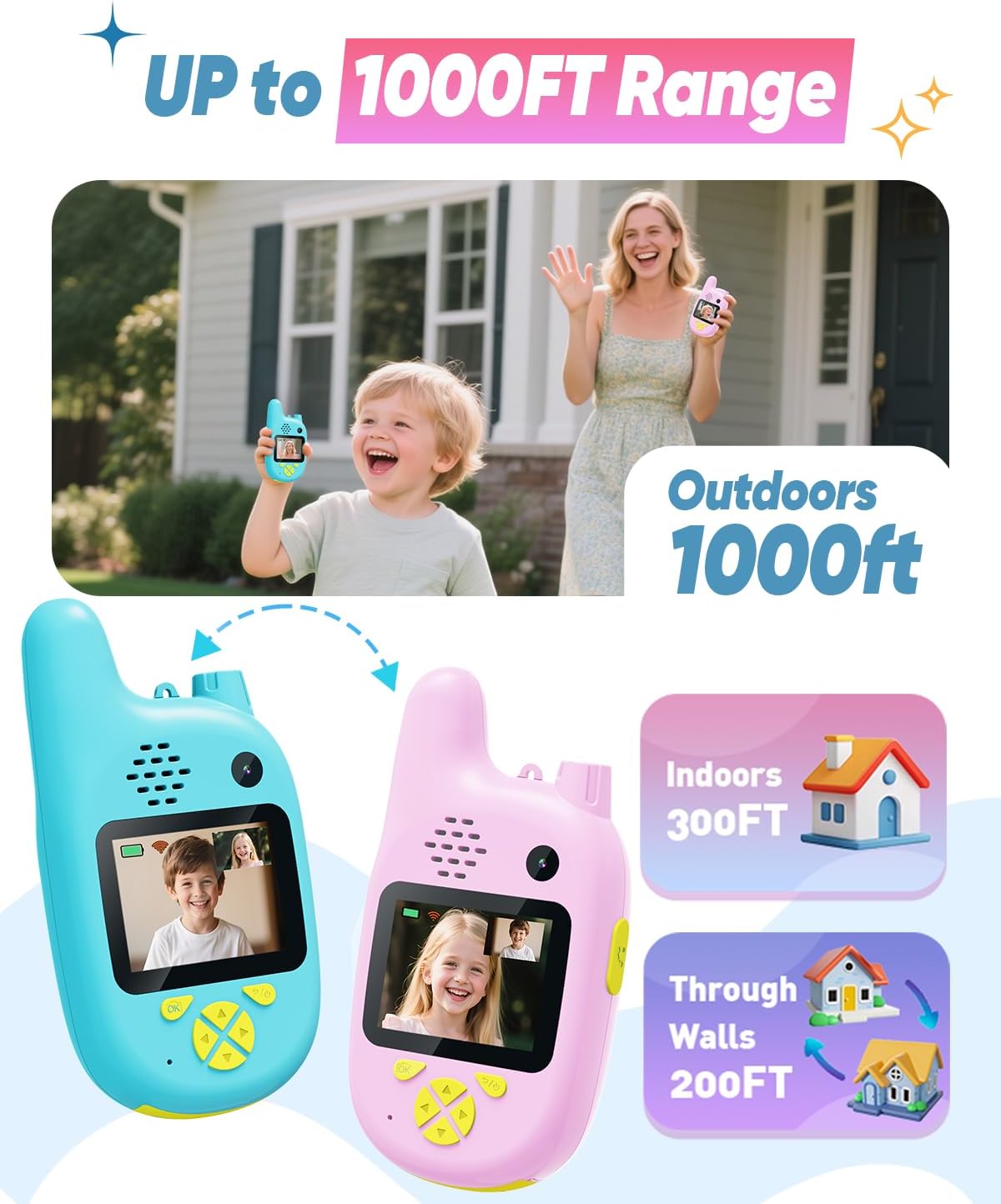 Video Walkie Talkies for Kids, 2 Pack Rechargeable Toys Walkie-Talkies, Dual Camera & Voice Changer, Gifts for Boys Girls Age 3-12 Birthday Christmas, Long Range Adventure Game Camping Outdoor Indoor