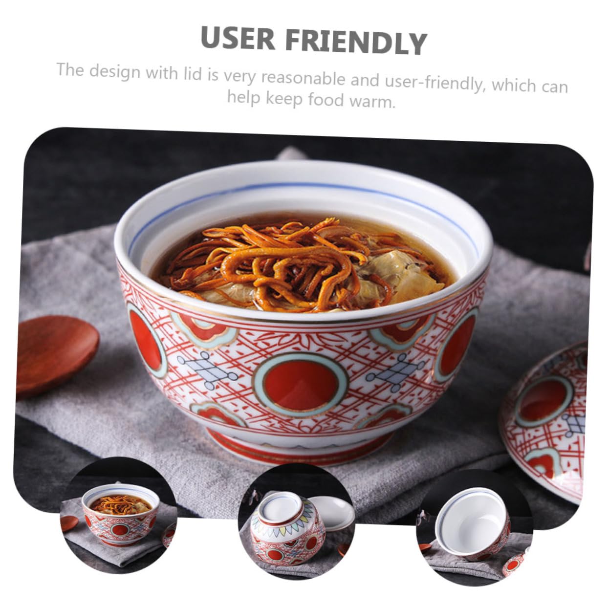 PRETYZOOM Tazón de Cerámica Rojo para Servir Comida con Tapa y Superficie Lisa, Adecuado para Aperitivos y Sopa Miso Hogar