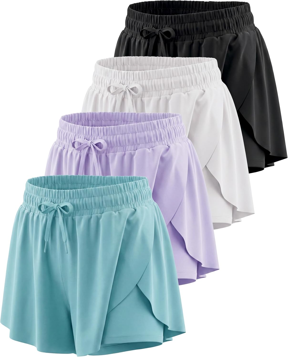 Real Essentials 4 Pack: Girls' 2-in-1 Dry Fit Athletic Flowy Shorts - Butterfly Dance Skirts for Youth & Teens (Ages 4-18)