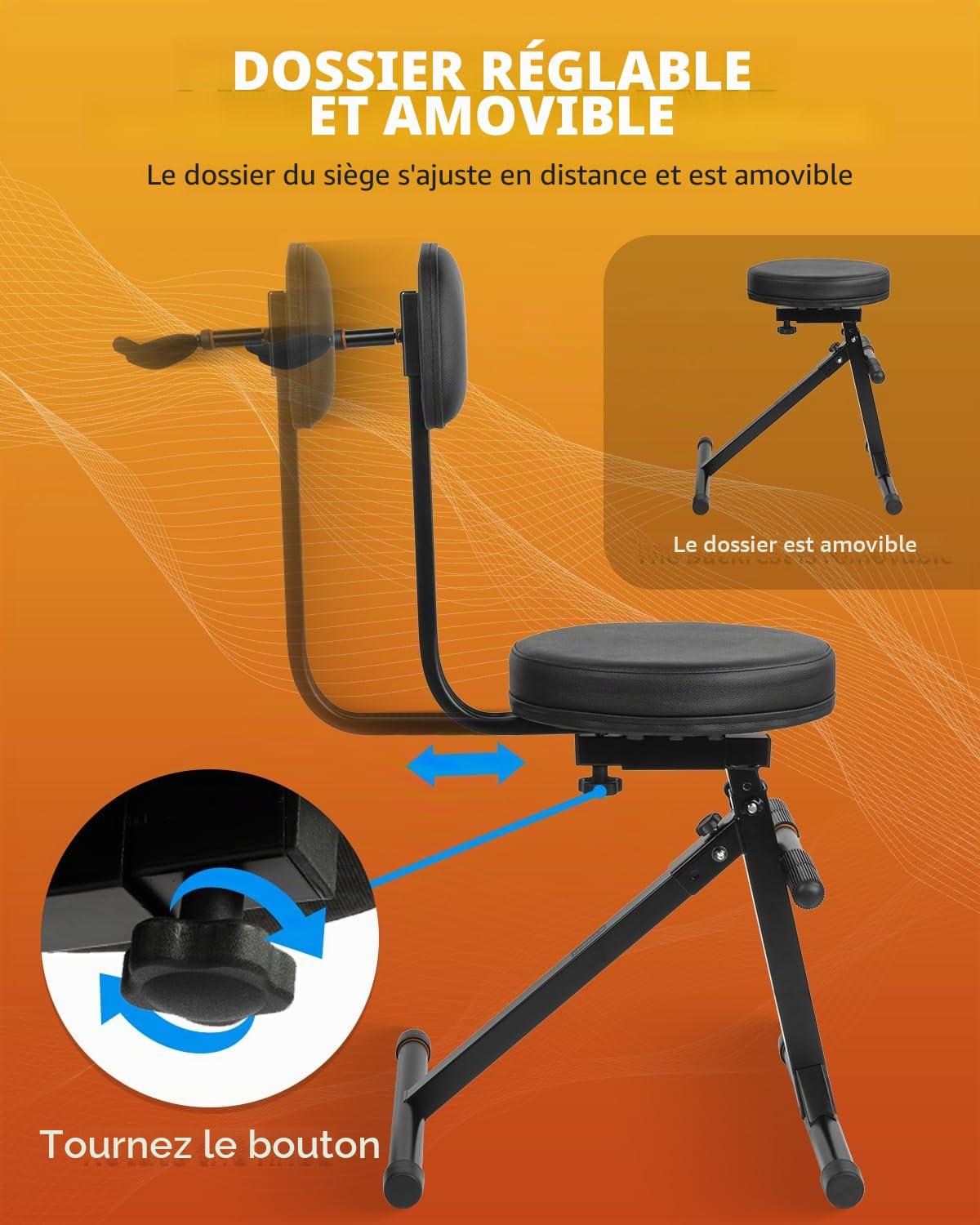 STRICH SGT-30 Tabouret de guitare avec dossier et coussin d'assise réglable en hauteur avec crochet pour guitares acoustiques, électriques et basses, trône de batterie pour adultes, batteurs et