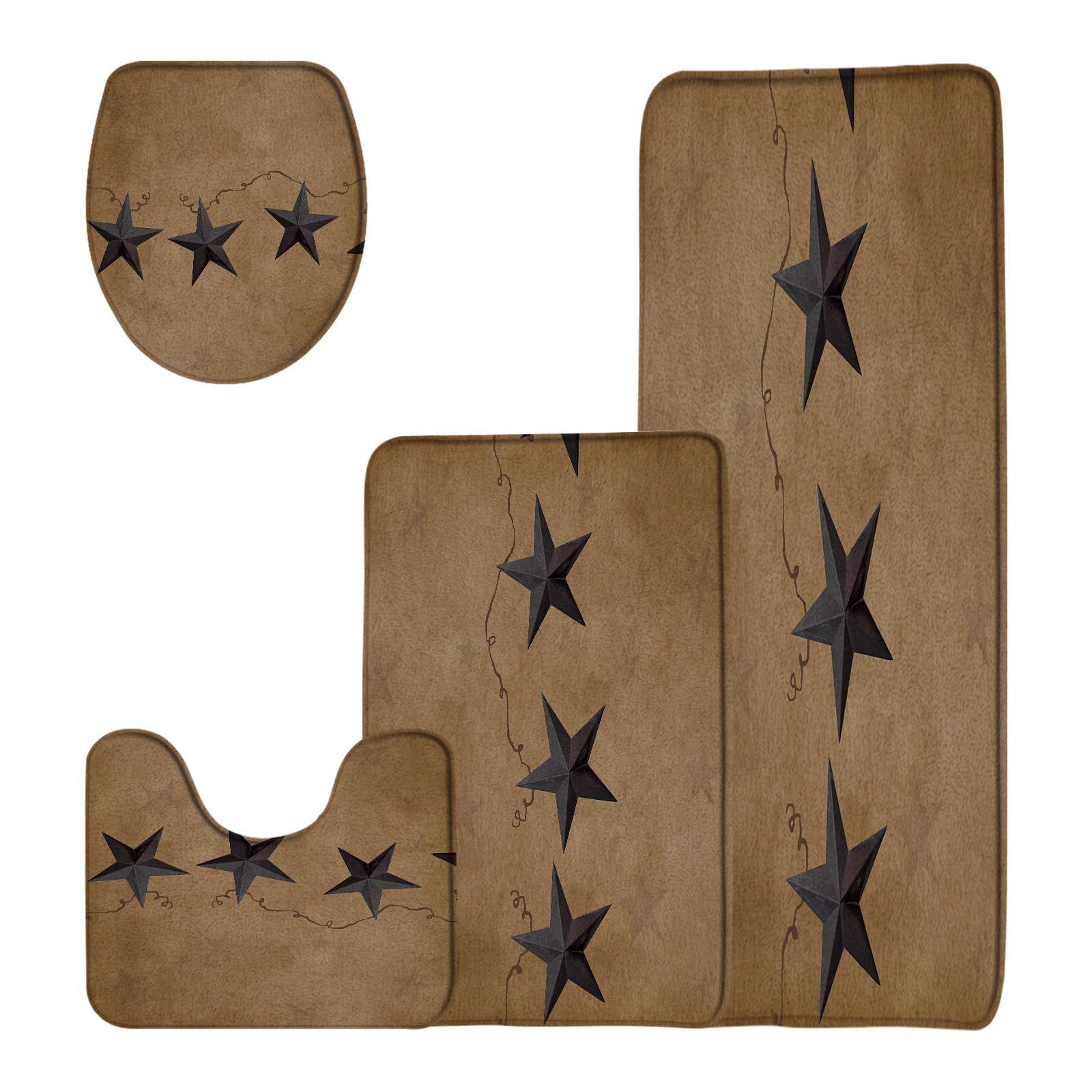 DSMEUE 4 Pieces Bathroom Rug Sets,Rustic Primitive Rusty Star Vintage Brown 16"x24"and 18"x30"Bath Mats,Toilet Cover,U-Shaped Toilet Mat