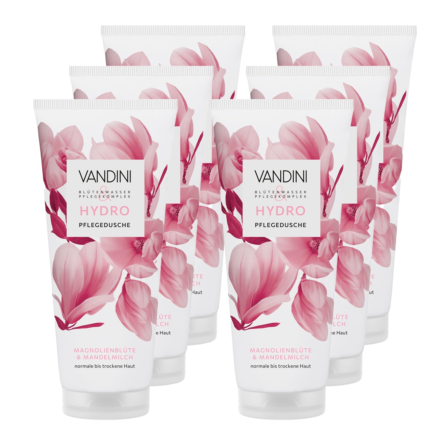 VANDINI HYDRO 6 x Ducha de cuidado para mujer de 200 ml con flor de magnolia y leche de almendras – Gel de ducha para piel normal a seca – vegano, sin parabenos ni siliconas, dermatológicamente