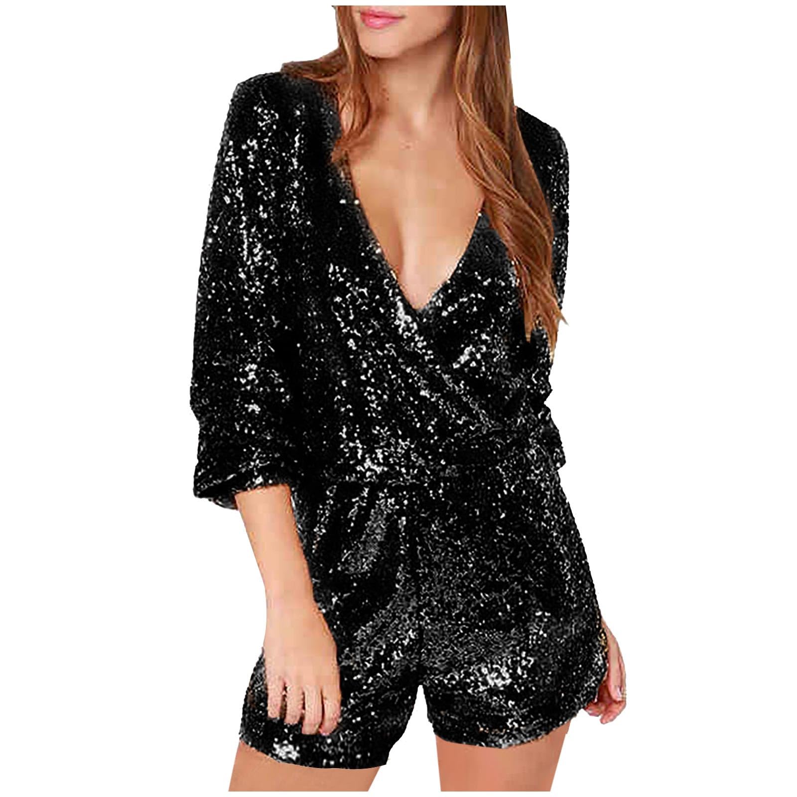 Firzero Women Sequin Romper 1 Piece Shiny Wrap Deep V Neck Shorts Jumpsuit Casual Long Sleeve Dance Outfits