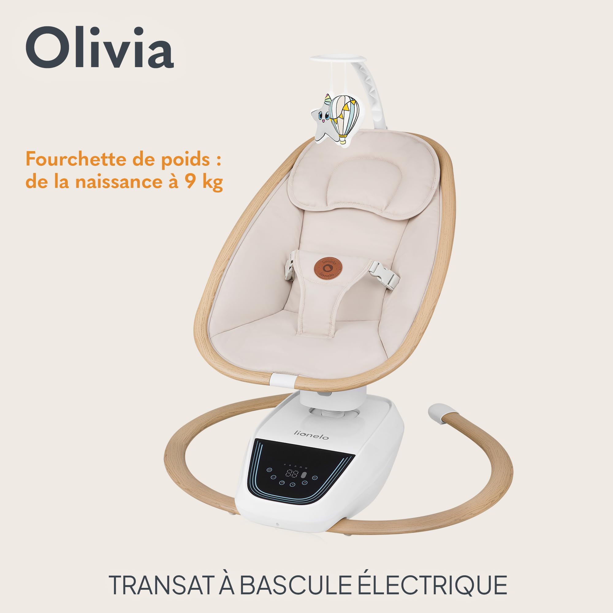 Lionelo OLIVIA Transat électrique bébé 9 kg inclinaison balançoire 4 vitesses siège ergonomique 13 mélodies télécommande