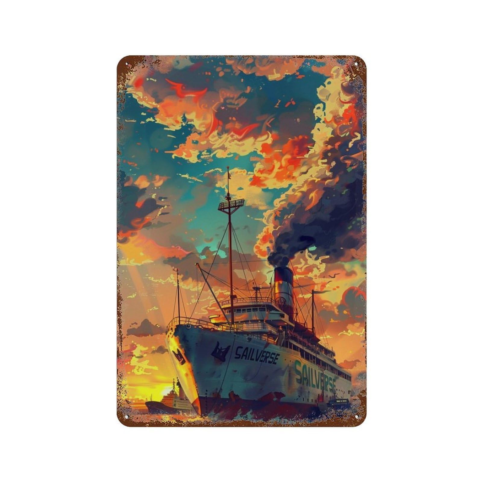 Vivid Sunset Cruise Ship Artwork 11.8"x7.9" Aged Metal Wall Plaque, Vintage Wall Decor for Basement, Hobby Room And Garage Decor