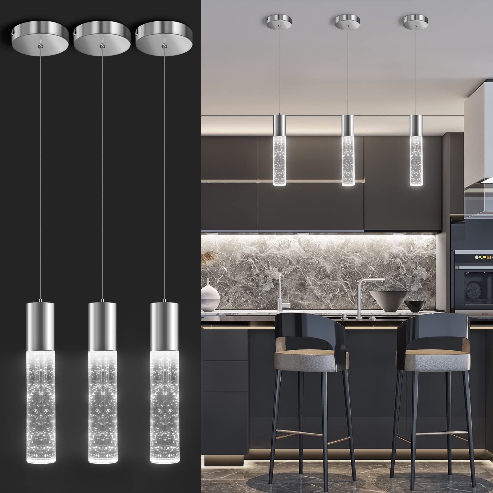 OKELI Modern Pendant Lights,LED Bubble Crystal Kitchen Island Light Fixtures,Chrome Mini Single Pendant Lighting for Kitchen Island Dining Room Bedroom Hallway Bar,6W,6000K,ETL,3Pack